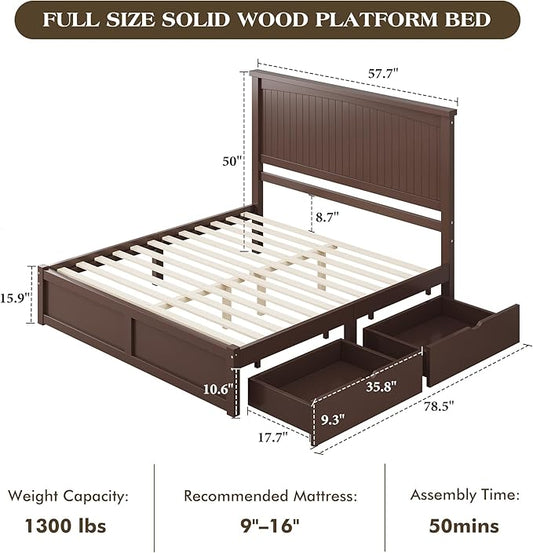 Full Size Solid Wood Bed Frame with Storage, Mid-Century Modern Platform Bed with 50" Headboard & 2 Drawers, No Box Spring Needed/Quiet Support/Easy Assembly/Espresso Brown Finish
