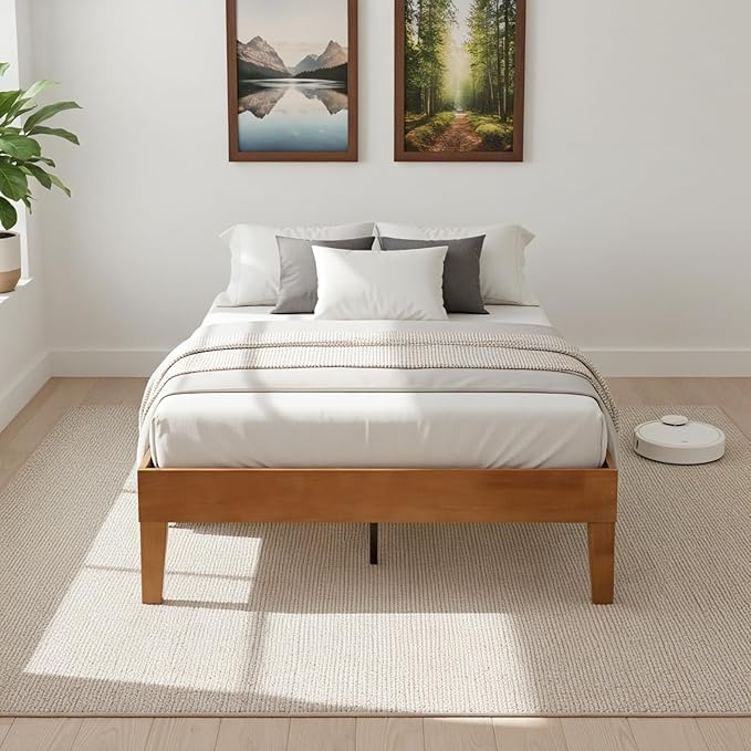 Sweetcrispy Solid Wood Bed Frame, Twin Size Bed Base with Wood Slat Support, Sturdy, Stylish & Noise-Free Design, No Box Spring Needed, Easy Assembly, Dark Brown