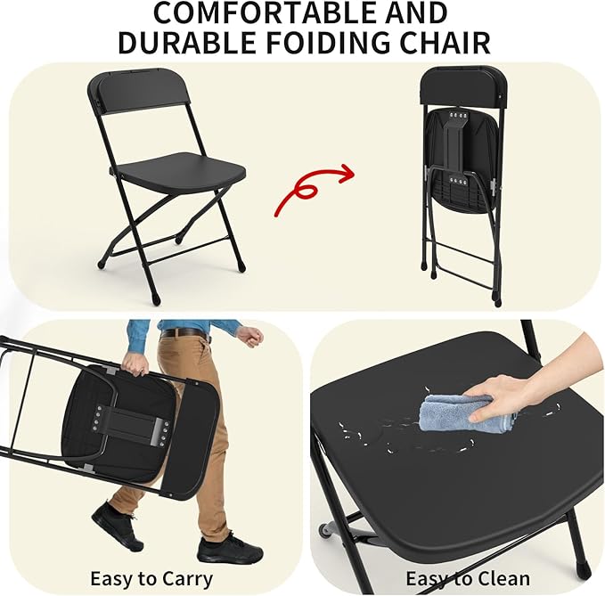 SHGJ&SOFT 10 Pack Folding Chairs, 350LBS Sturdy Metal Steel Frame Foldable Chairs, Heavy Duty Plastic Commercial Seating for Indoor, Outdoor, Party, Wedding, Patio, Office, Picnic (Black, 10-Pack)