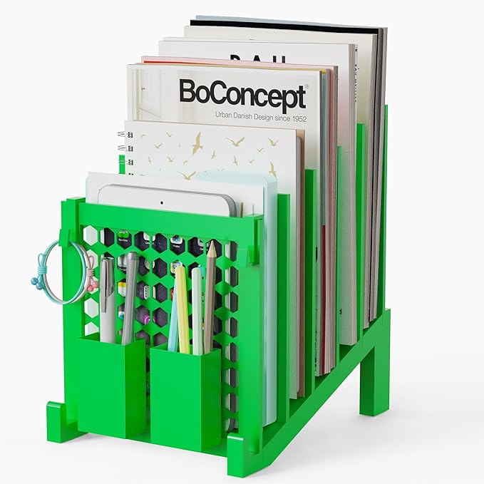 File Organizer for Desk with Storage Box & Hook, Inclined Desk File Organizer with 5-Section Vertical File Holder suitable for Home Office Document Organization(Dark Green01)