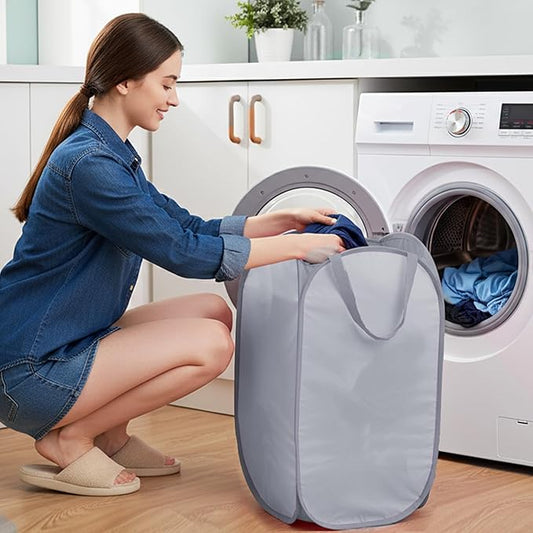 Sturdy Collapsible Laundry Baskets with Side Pocket, Pop Up Laundry Hamper Lightweight, Foldable Thick Fabric Clothes Basket with Reinforced Handles for Bedrooms, Dorm, Bathrooms, Travel Grey