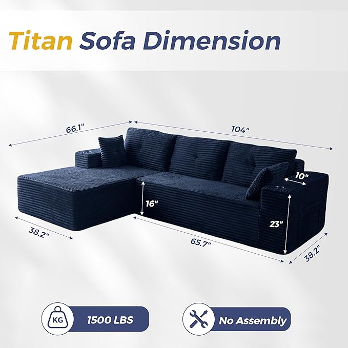 MAXYOYO 104" Modular Sectional Couch with L-Shape Chaise, Modern Boneless Couch for Living Room, Sofa in A Box, Oversized Sofa Sleeper with Deep Seat, No Assembly Required, Navy