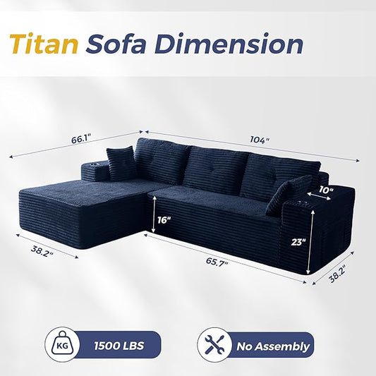 MAXYOYO 104" Modular Sectional Couch with L-Shape Chaise, Modern Boneless Couch for Living Room, Sofa in A Box, Oversized Sofa Sleeper with Deep Seat, No Assembly Required, Navy
