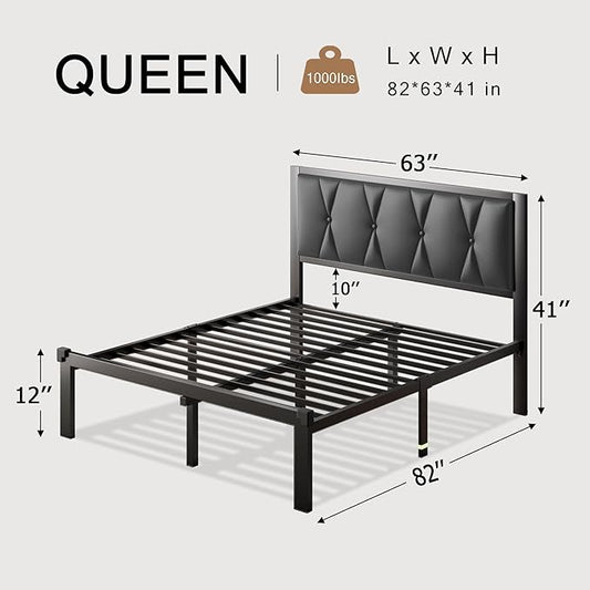 Queen Size Metal Bed Frame, Platform Bed with Faux Leather Button Tufted Headboard, 12" Underbed Storage, Steel Slats Support, No Box Spring Needed, Easy Assembly, Noise-Free, Black