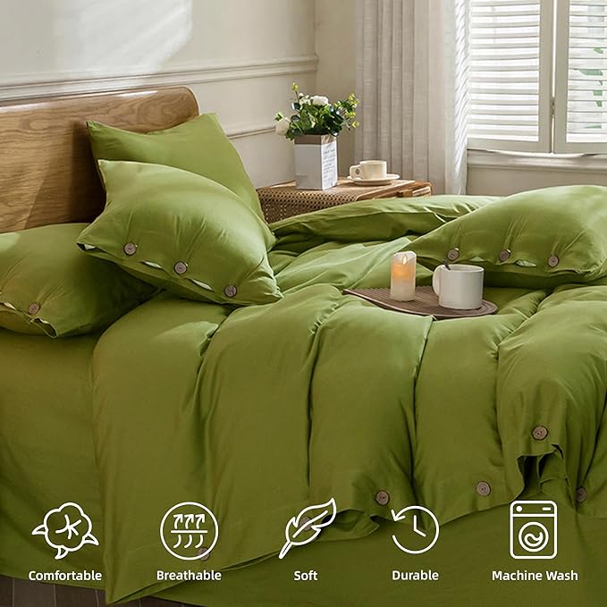 JELLYMONI Christmas Duvet Cover Full Size - Avocado Green Comforter Cover with Button 100% Washed Cotton 3PCS Breathable Soft Solid Bedding Set Duvet Cover 80×90in & 2 Pillowcases (NO Comforter)