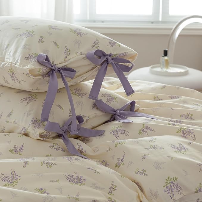 HighBuy Garden Floral Duvet Cover Twin XL with 2 Bowknot Bow Tie Pillowcases Coquette Aesthetic Comforter Cover Soft Cotton 3 Piece Botanical Boho Duvet Cover with Purple Flowers Bedding Set