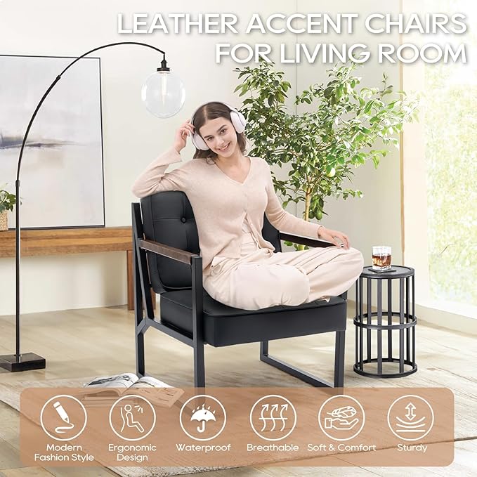 COLAMY Black Leather Accent Chair, Accent Arm Chair for Living Room, Comfy Armchair with Metal Legs for Living Room Bedroom Reception Waiting Room