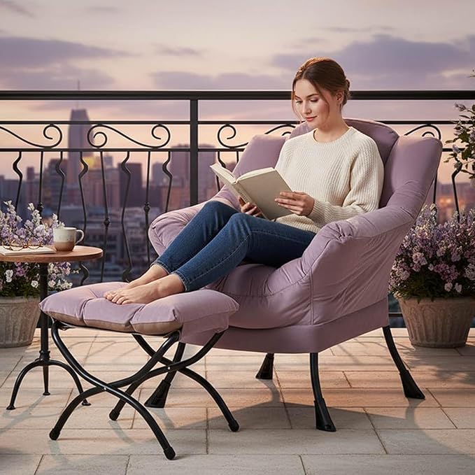 Tiita Lazy Chair with Ottoman, Modern Large Accent Lounge Armchair, Comfy Leisure Sofa Reading Chair with Footrest for Bedroom, Living Room, Dorm Rooms, Garden and Courtyard, Velvet Light Purple