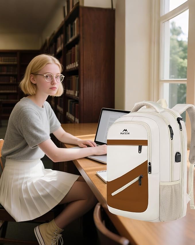 MATEIN 17.3 Inch Womens Laptop Backpack, Water Resistant Work Business Backpack with Multiple Pockets Fits 17 Inch Computer Notebook, Spacious Commute Bag TSA Approved and Comfortable, Beige Brown