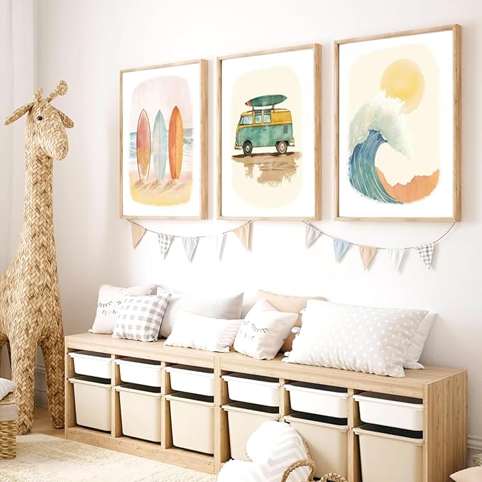 Beach Nursery Poster, Set of 6 Ocean Kids Wall Art Watercolor Summer Surf Wall Decor Beachy Boys Room Decor Funny Teen Coastal Surfboard Canvas Prints Aesthetic Unframed 12x16 inch