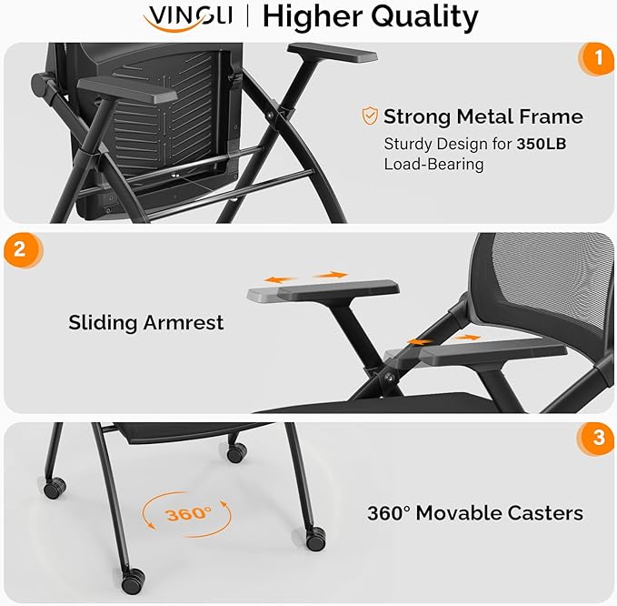 VINGLI 10 Pack Stackable Conference Room Chairs with Wheels, Folding Office Chair with Rebound Back, Padded Seat for Training Room, Guest, Reception, Event, Capacity 350lbs, Black