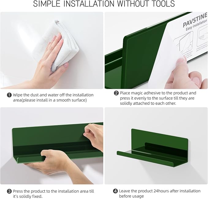Adhesive Floating Shelves for Wall No Drilling, 12 Inch Acrylic Self Adhesive Shelves, Stick on Shelves, Dorm Wall Shelf, for Bathroom, Kitchen, Bedroom, Office, Gaming Room, Green