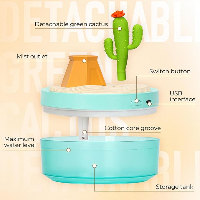 Cactus Mini Humidifier, Cute Desktop Humidifiers for Bedroom, 320ml Portable Small Cool Mist Humidification, USB Powered, Auto Shut-Off, Perfect for Home, Office & Indoor Plants