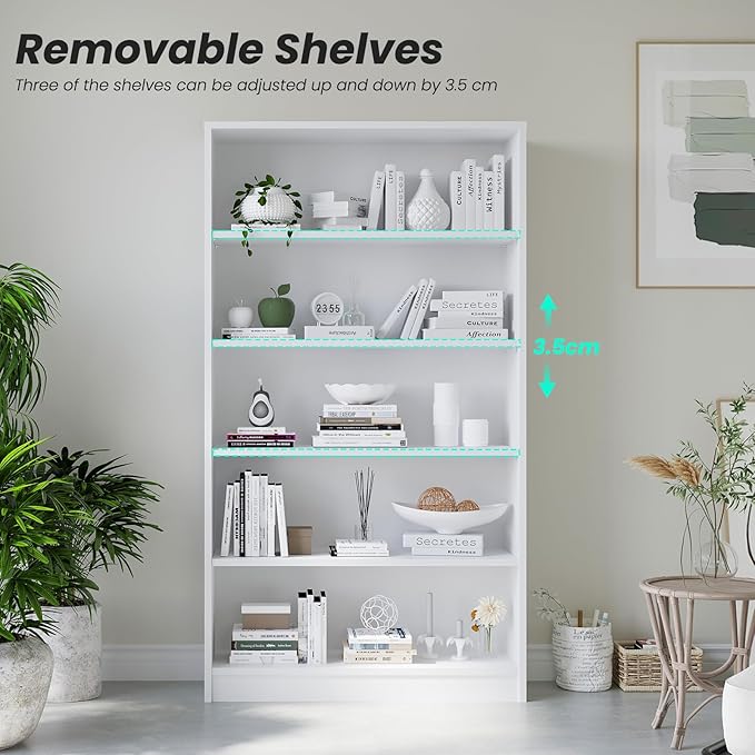 Farini 60 Inch Tall Bookcase,5 Shelf Bookshelves,Adjustable Bookshelf for Home Office,White