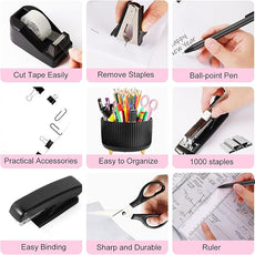 Desk Organizers and Accessories Set with 360-Degree Rotating Pen Holder, Tape Dispenser, Stapler, Staple Remover, 1000 Staples, Tape, Clips Set, Ruler, Scissor, Pen