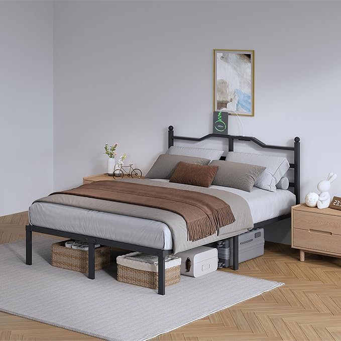 Bed Frame with Charging Station - 14 Inch Queen Size Heavy Duty Metal Bedframe with Headboard Black Basic Steel Slats Platform No Box Spring Needed