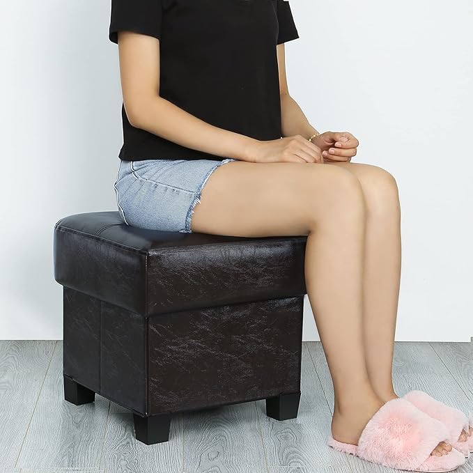 GLAXYFUR Storage Ottoman Cube Folding Footstool PU Leather Storage Bench with Legs, Storage Chest for Living Room, Bedroom, 15.7 x 15.7 x15.7 Inches, Black