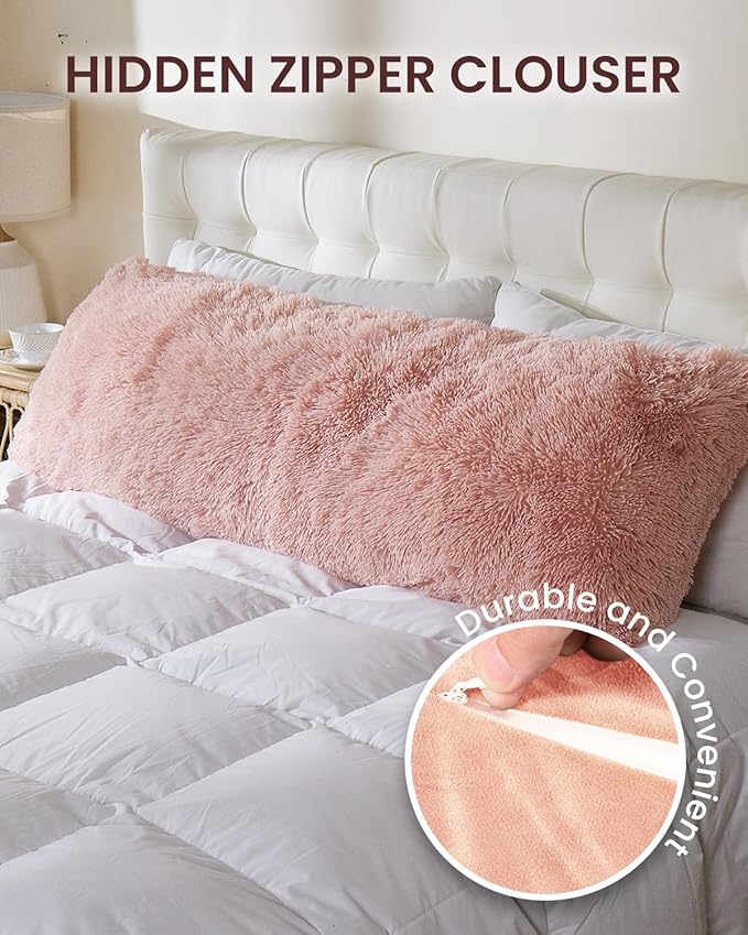 ZonLi Fuzzy Body Pillow Cover, 20"x 54" Furry Body Pillow Pillowcase, Faux Fur Long Pillow Cover with Zipper, Fluffy Soft Plush Decorative Body Pillow Cases for Bedroom (Pink)