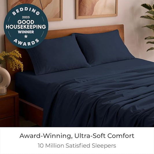 Mellanni Twin XL Sheet Set - 4-Piece Iconic Collection Bedding, (Including 2 Pillowcases), 16-Inch Deep Pocket, Easy Care, Extra Soft, Cooling Sheets, Brushed Microfiber - Navy Blue