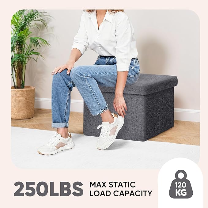 PINPLUS Storage Ottoman Cube Sherpa Ottoman Foot Rest,Small Foldable Portable Boucle Ottomans, Faux Teddy Fur, Grey 16.5"x12.6"x12.6"