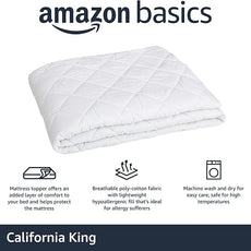 Amazon Basics Hypoallergenic Quilted Mattress Topper Pad, 18 Inches Deep, California King, White