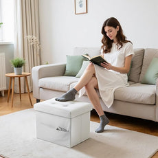 Storage Ottoman Foot Rest Stool, Small Leather Storage Ottomans Bench, Folding Footstool with Side Pockets, Foot Rest Under Desk for Living Room Bedroom, 16x12x12 in, White