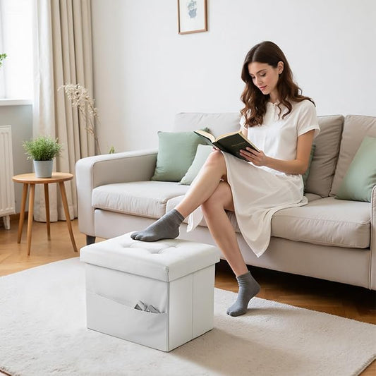 Storage Ottoman Foot Rest Stool, Small Leather Storage Ottomans Bench, Folding Footstool with Side Pockets, Foot Rest Under Desk for Living Room Bedroom, 16x12x12 in, White