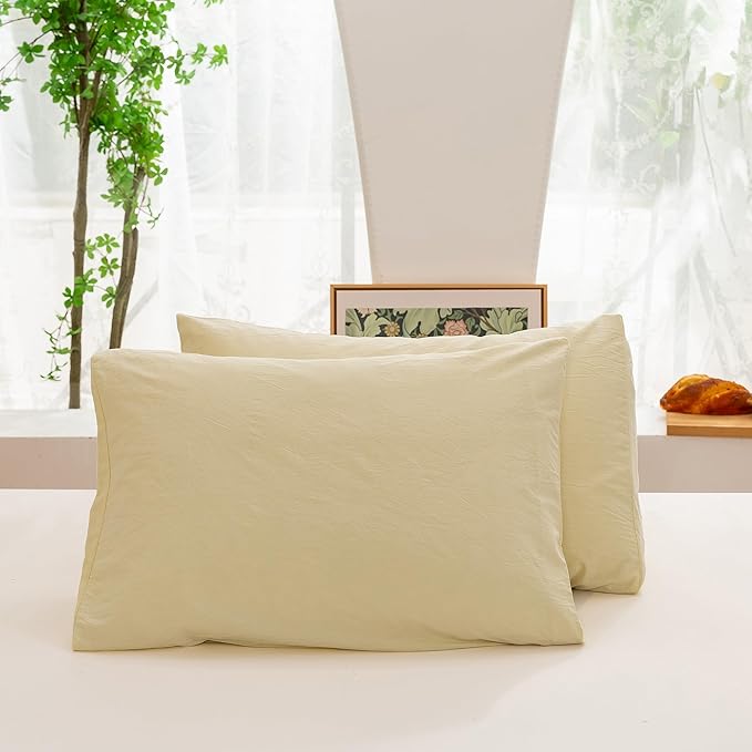ECOCOTT Duvet Cover Set, 100% Washed Cotton Linen-Like Soft & Breathable, Durable Comfy Bedding Set for All Seasons (Light Yellow, Queen)