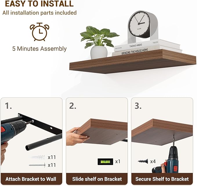 24 Inch Floating Shelves, 24"x9.25"x1.5" Inch Deep Floating Shelves for Wall, Wooden Shelves for Bathroom, Bedroom, Living Room, Walnut, 2 Pieces
