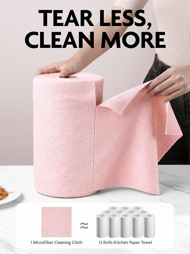 Fantasticlean Microfiber Cleaning Cloth Roll -675 Pack, Tear Away Microfiber Towels, 12" x 12", Reusable, Washable, Ultra Absorbent Dishcloth for All-Around Cleaning Supplies (9 Rolls of Pink)