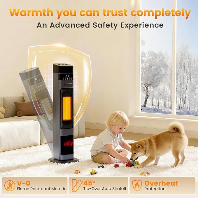 Auertech Space Heater with Humidifier, 3 in 1 Portable Electric Heater with 3D Flame & Water Tank, Oscillating Room Heaters with 12H Timer, 31" Tower Heaters for Indoor Use Large Room, Office, Bedroom