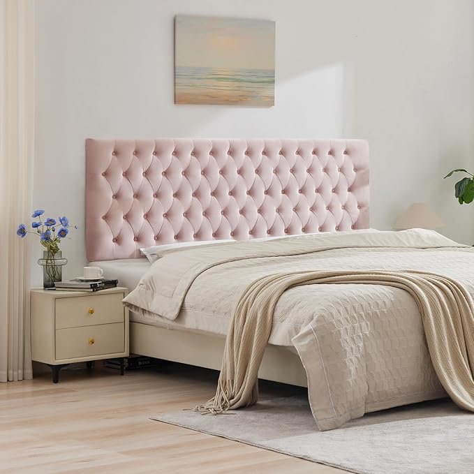 Kingfun Upholstered Queen Headboard Only, Premium Velvet Button Tufted Headboards, Adjustable Solid Wood Head Board, Padded Headboard with Solid Wood Legs in Bedroom (Pink)