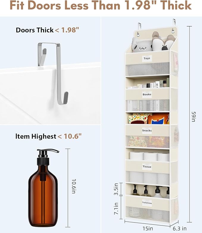 Over The Door Organizer Hanging, 2 Pack 5 Shelf Behind The Doors Storage, Pantry Door Organizer, Closet Organizers for Bedroom and Nursery (Beige)