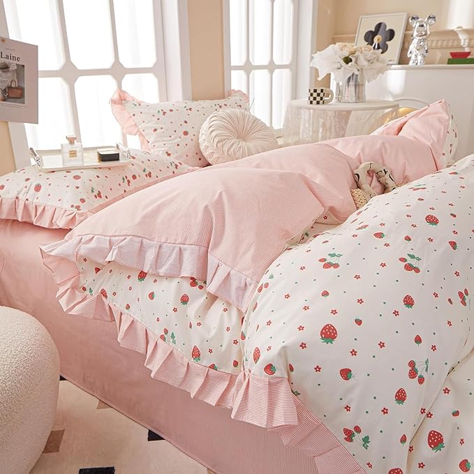 MKXI Strawberry Print Comforter Set - Pink and White Ruffled Bedding with Floral Accents, Soft Microfiber, 3-Piece Twin XL Size, Lightweight and Cozy for Kids, Teens, and Adults