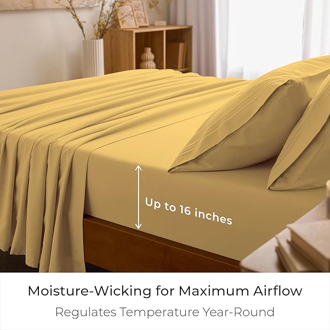 Mellanni Queen Sheet Set - 6-Piece Iconic Collection Bedding, (Including 4 Pillowcases), 16-Inch Deep Pocket, Easy Care, Extra Soft, Cooling Sheets, Brushed Microfiber - Yellow