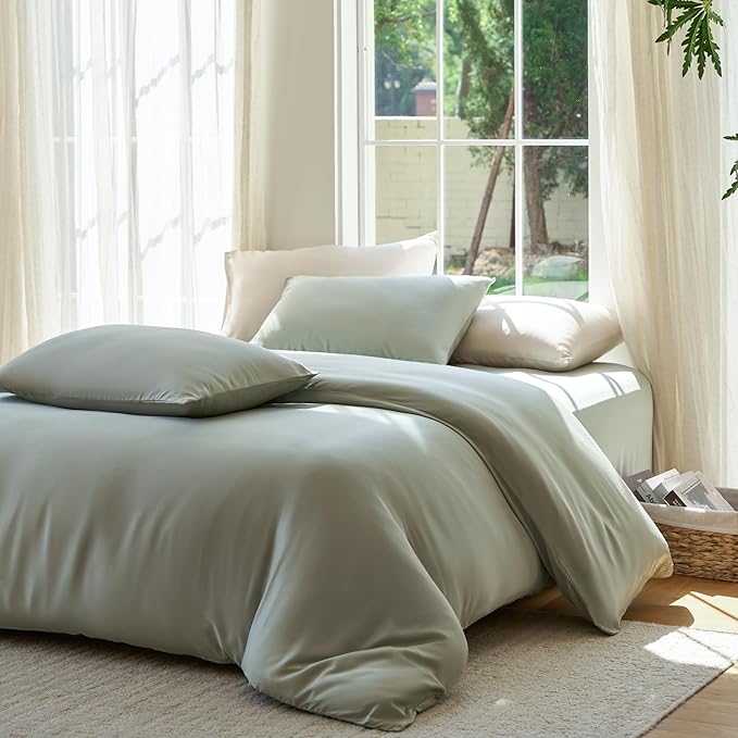 DOZ Duvet Cover Set, 100% Viscose derived from Bamboo, Organically Grown, Buttery Soft, Cooling Duvet Covers, High GSM, 1 Duvet Cover and 2 Pillowcases, 90"x90" (Sage, Full/Queen)