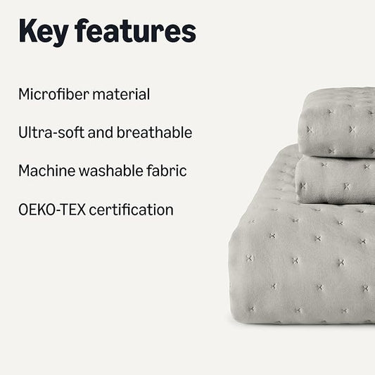 Amazon Basics Brushed Microfiber Quilt Set, Extra Soft with Natural Texture, 3-Piece,King, Grey