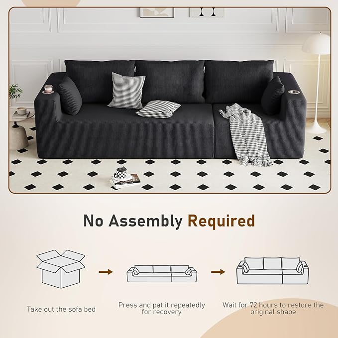 Furnimart 112" Oversized Modular Sectional Sleeper Sofa with 3 Ottomans, Boneless Cloud Couch Bed 3 Seater with Chaise for Living Room, Modern Convertible Sleeper Couch, No Assembly, Corduroy Black