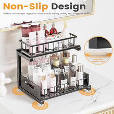 2 Pack Under Sink Organizer, Heavy Duty Metal Slide Out Sink Shelf Organizer Height Adjustable, Multi-Purpose Storage Shelf for Kitchen Bathroom (Black,2Pack)