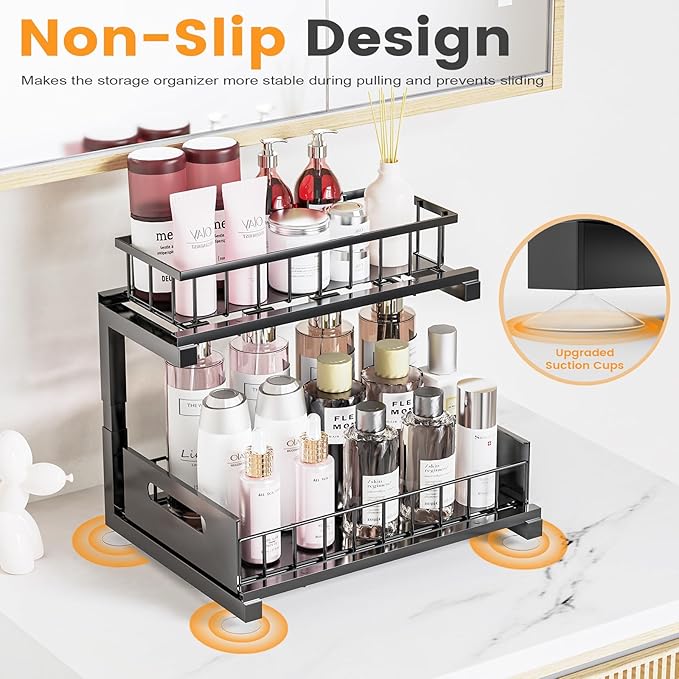 2 Pack Under Sink Organizer, Heavy Duty Metal Slide Out Sink Shelf Organizer Height Adjustable, Multi-Purpose Storage Shelf for Kitchen Bathroom (Black,2Pack)