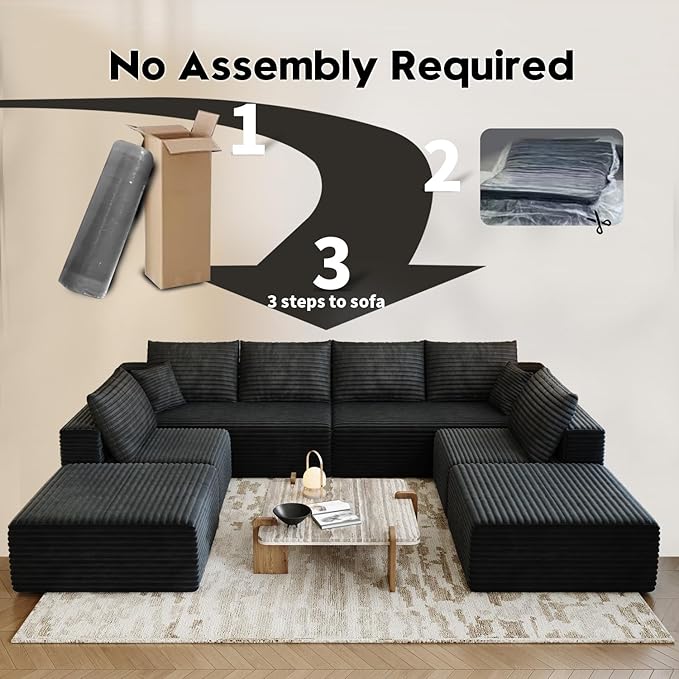 139.4" Modular Sectional Sofa Couch, Oversized U-Shaped Minimalist Couches with 2 Ottomans Chaise and 2 Middle Seats, Modern Deep Seat Cloud Plush Corduroy Sofas Set for Living Room, 8 Seater, Black