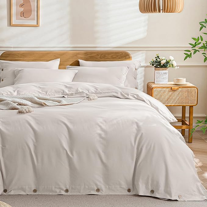 JELLYMONI Cotton Duvet Cover Twin XL Size - Beige Comforter Cover with Button 100% Washed Cotton 2PCS Breathable Soft Solid Bedding Set Duvet Cover 66×92in & 1 Pillowcase (NO Comforter)