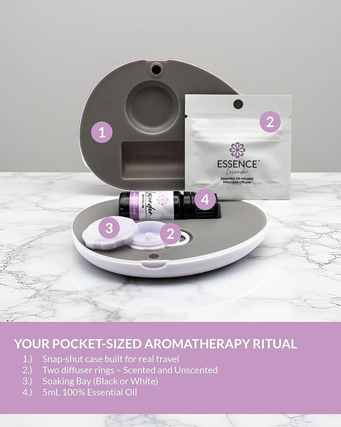 Essence Pearl Travel Case - Wearable Aromatherapy Kit with Nasal Diffuser Rings, Soaking Bay, and 5mL Essential Oil – Portable Wellness Gift Set for On?The?Go Self Care