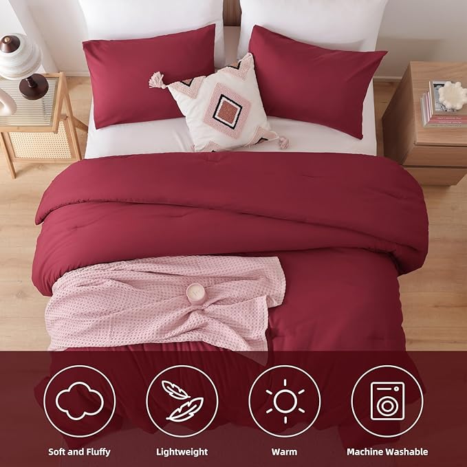 ROSGONIA Queen Comforter Set Dark Red,3pcs Bedding Comforter Sets(1 Boho Red Comforter & 2 Pillowcases) All Season Lightweight Bedspread Blanket Quilt