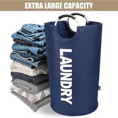 DOKEHOM 90L Large Laundry Basket, Collapsible Laundry Bag, Freestanding Tall Clothes Hamper, Foldable Washing Bin (Dark Blue)