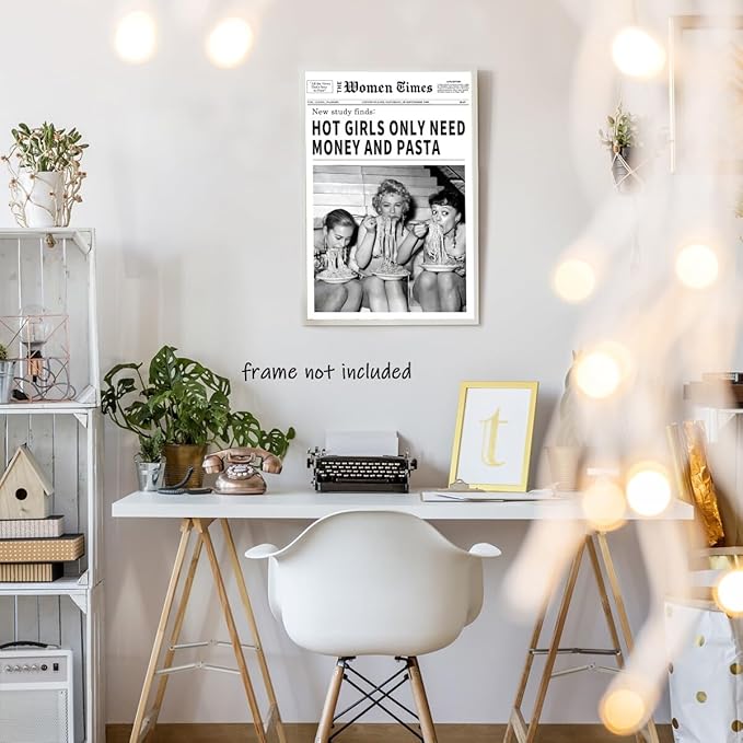 Vintage Women Times Newspaper Canvas Wall Art Black and White Aesthetic Poster Funky Hot Girl Eating Pasta Fashion Prints for Italian Kitchen Bar Cart Girly Dorm Room Art Posters 24x36inch Unframed