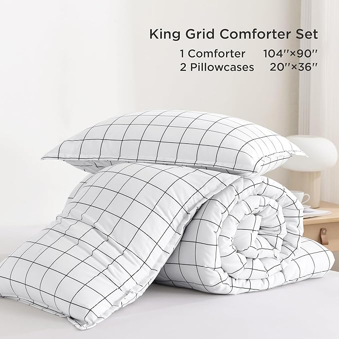 Andency King Size Comforter Set White Gingham, Plaid Grid Checkered Bedding Comforter Set for King Size Bed, 3 Pieces Lightweight Reversible Modern Geometric Bedding Set(104x90 Inch)