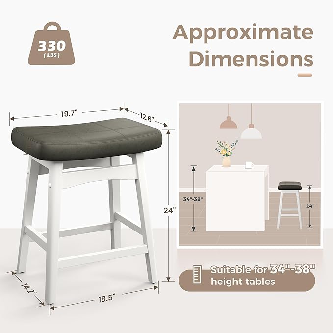 MAISON ARTS White Counter Height Bar Stools Set of 2 for Kitchen Counter Solid Wood Legs with Faux Leather Saddle Seat Farmhouse Barstools for 34"-38" Counter Island Upholstered Stools, 24in Height