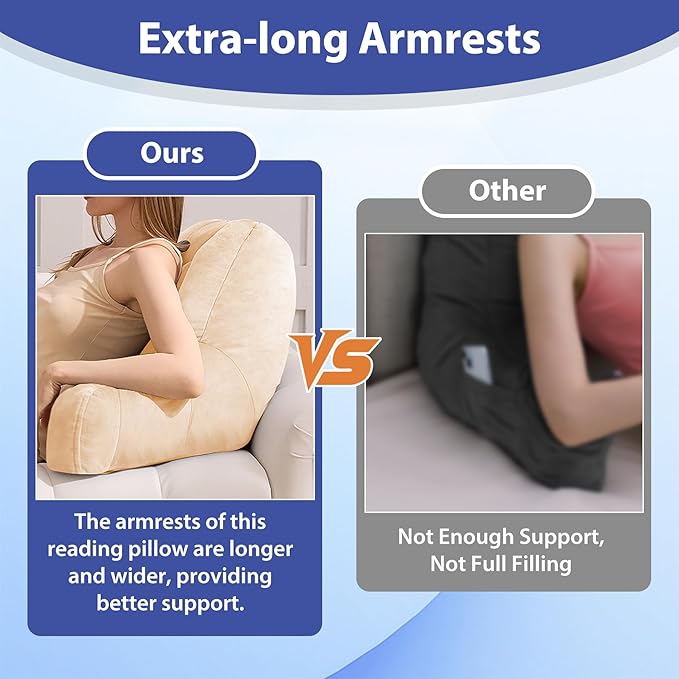 Reading Pillows for Sitting in Bed Adult, Back Pillow for Bed Sitting Up, Backrest Pillows with Shredded Foam for Adult&Teens, Support Pillow with Arms for Beds, Couch, Floor, 18in, Beige