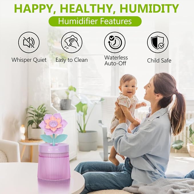 Cute Flower Mini Humidifier, 260ml Gardenia Desktop Humidifiers for Bedroom, Portable Small Cool Mist Humidification for Home, Baby Nursery, Office & Indoor Plants, USB Powered (Purple)